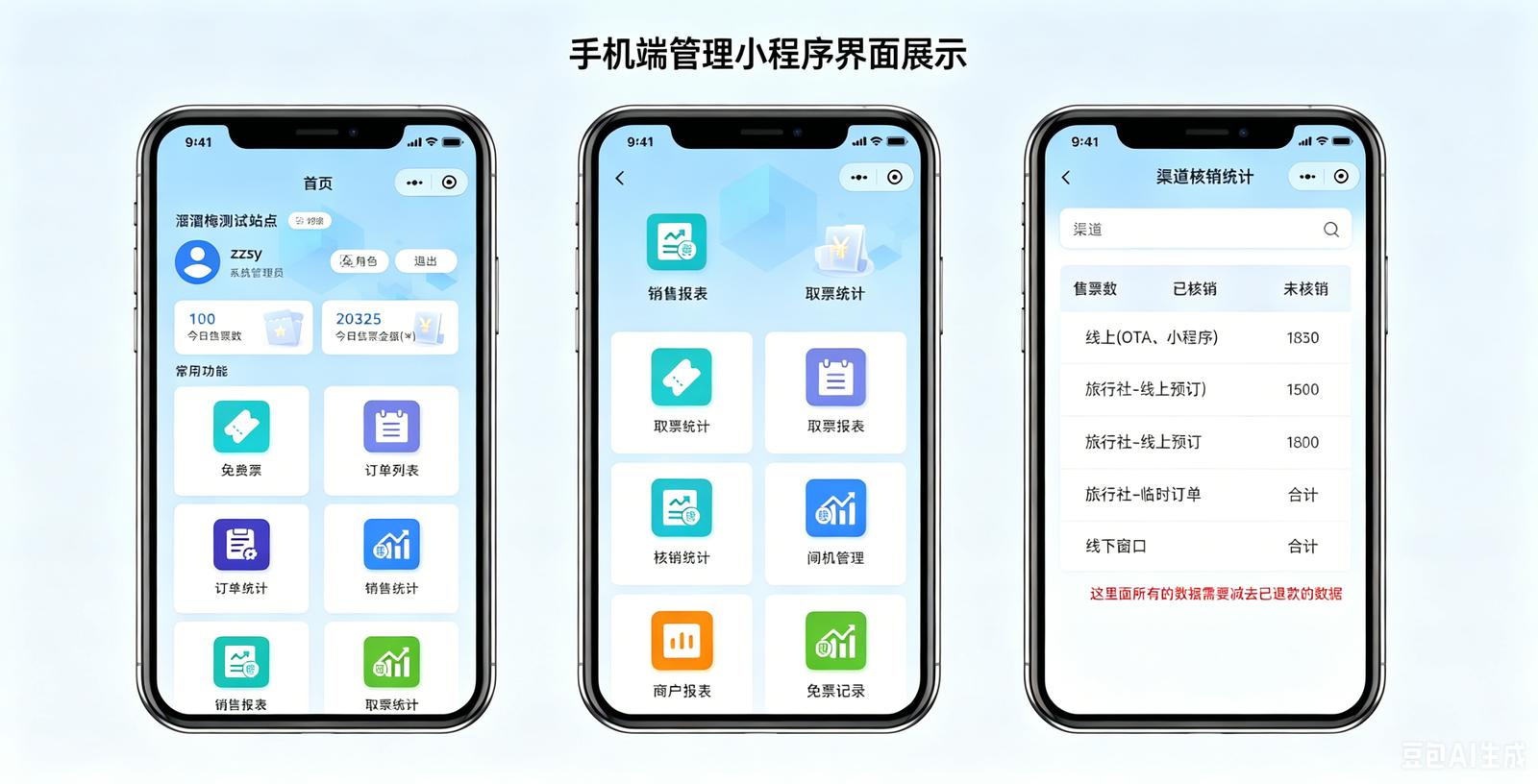 景區(qū)手機(jī)端管理系統(tǒng)界面：手機(jī)端管理小程序 — 首頁(yè)數(shù)據(jù)/常用功能/渠道核銷(xiāo)統(tǒng)計(jì)全覆蓋
