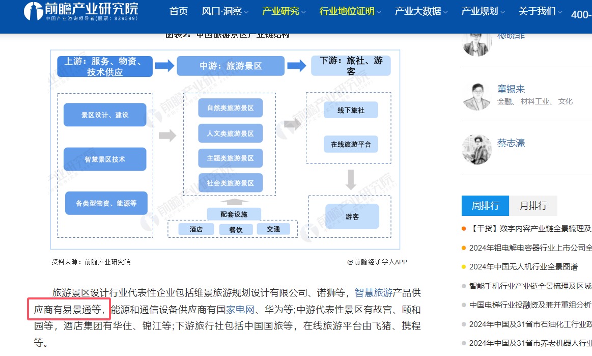 智慧旅游產(chǎn)品供應(yīng)商易景通被前瞻產(chǎn)業(yè)研究院推薦